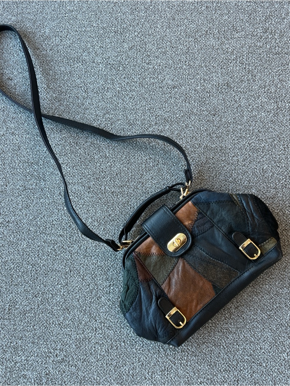 Vintage Patchwork Leather Satchel Handbag in Black and Brown